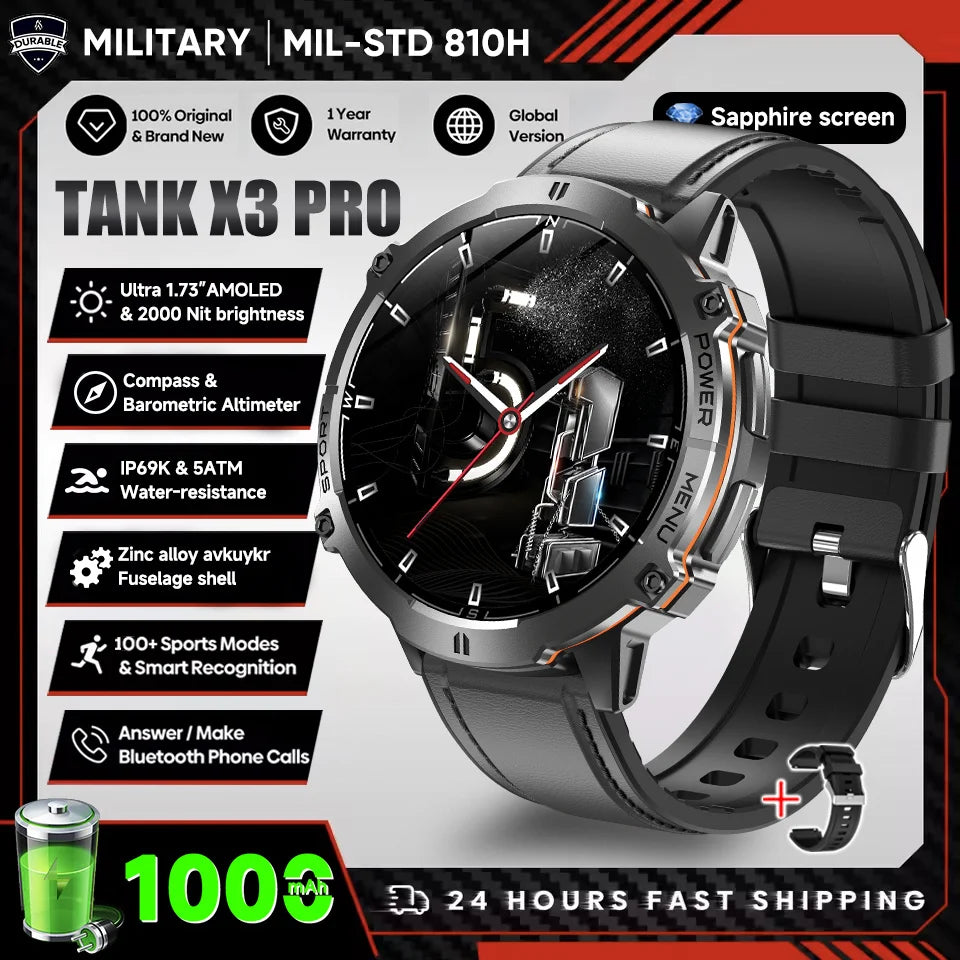 2026 New Military TANK X3 Smartwatch für Herren, 1000mAh Akku, 10ATM wasserdicht zum Schwimmen, GPS-Route, 1.75" AMOLED HD, Anrufe, Sport-Smartwatch