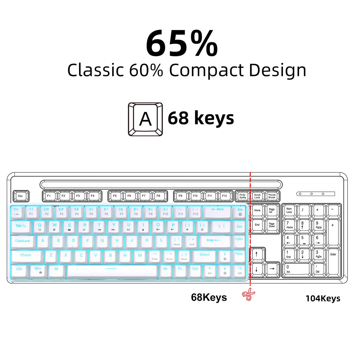 Teclado mecánico gaming 60% USB con teclas blancas, mini teclado gamer ergonómico para ordenador con retroiluminación y música