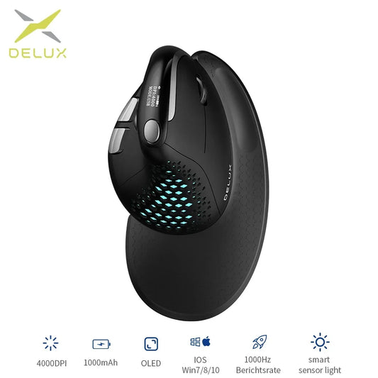 Delux M618XSD Seeker ergonomische vertikale Maus mit OLED-Bildschirm, 4000DPI, wiederaufladbar, 1000mA, abnehmbarer Rückabdeckung für Computer