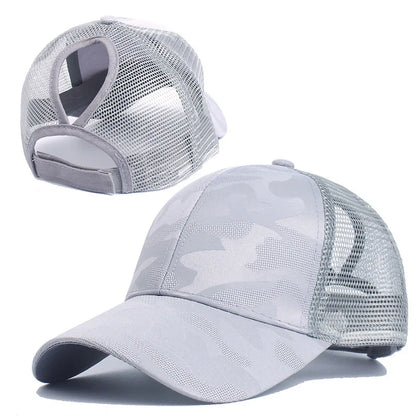 1pc Outdoor Camo Mesh Baseball Cap for Women Adjustable Ponytail Snapback Lightweight Sun Hat for Female Runners Hikers