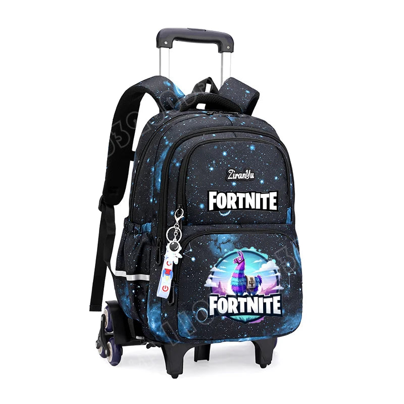 Fortnite-Trolleytasche – leichtes Treppensteigen, Anime-Design, wasserfester Rucksack mit Rollen, großes Fassungsvermögen, Schultasche für Schüler, lässige Reisetasche