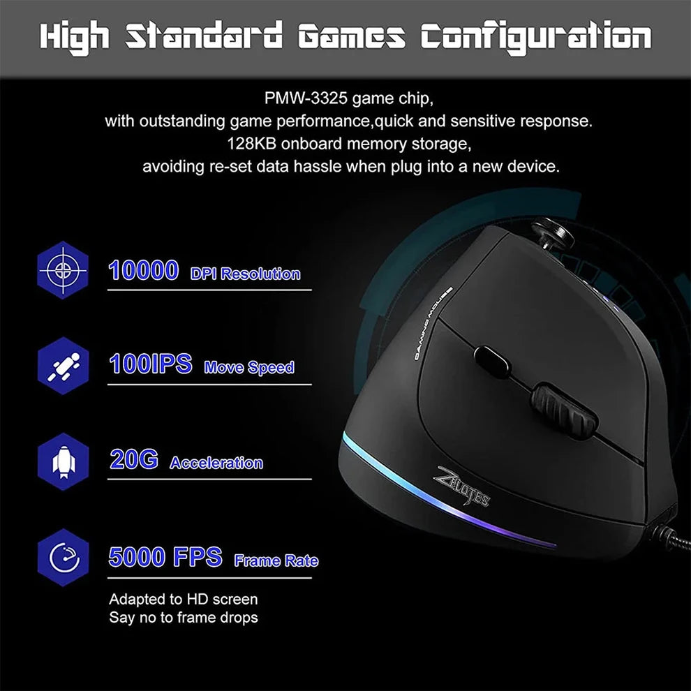 BOW Wired Gaming Mouse Programmable 12 Buttons RGB Mouse for Gamer Desktop Laptop PC Ergonomic Vertical Mouse Joystick 10000DPI