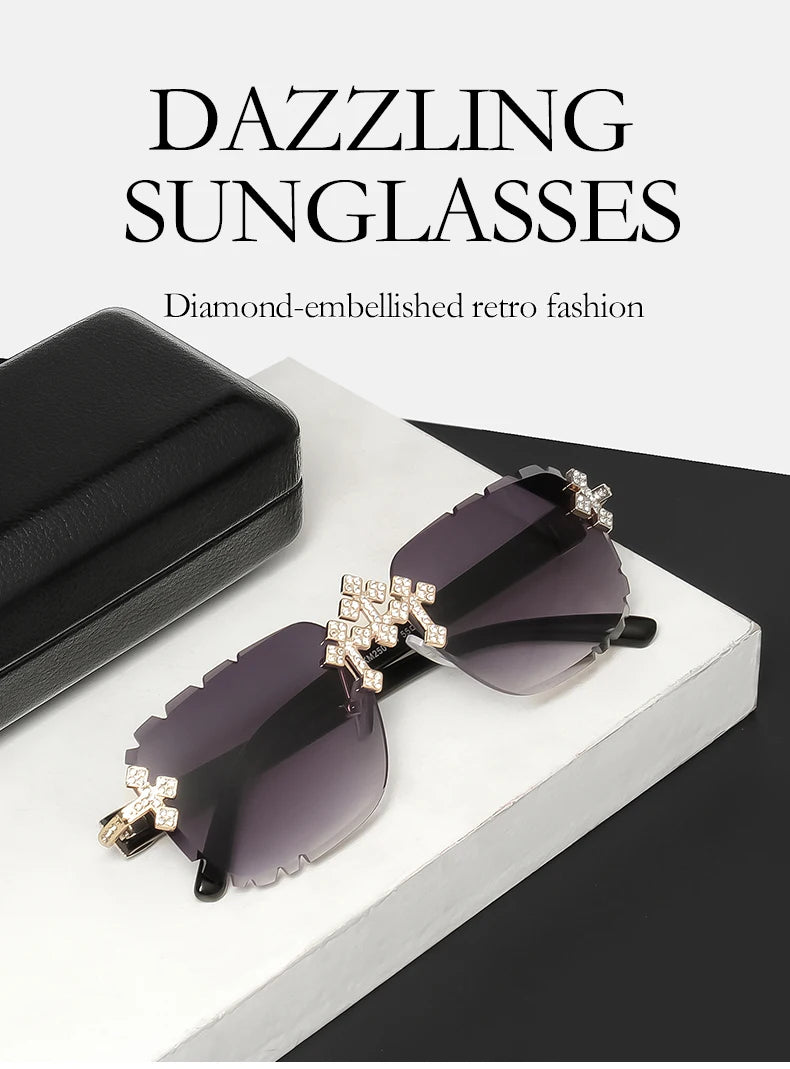 2025 Fashion Square Rimless Sunglasses For Women Cross Diamond Metal Frame Luxury Eyewear Cut Lens UV400 Shades Sun Glasses