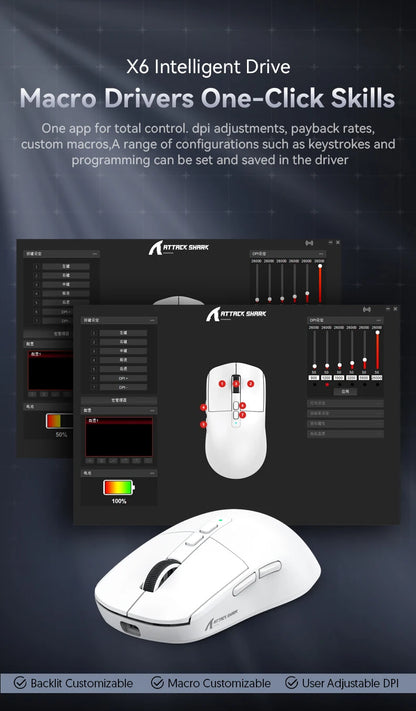 Attack Shark X6 Lightweight Wireless Gaming Mouse with 3 Mode Up to 26K DPI RGB Backlight Charging Base for Laptop Desktop