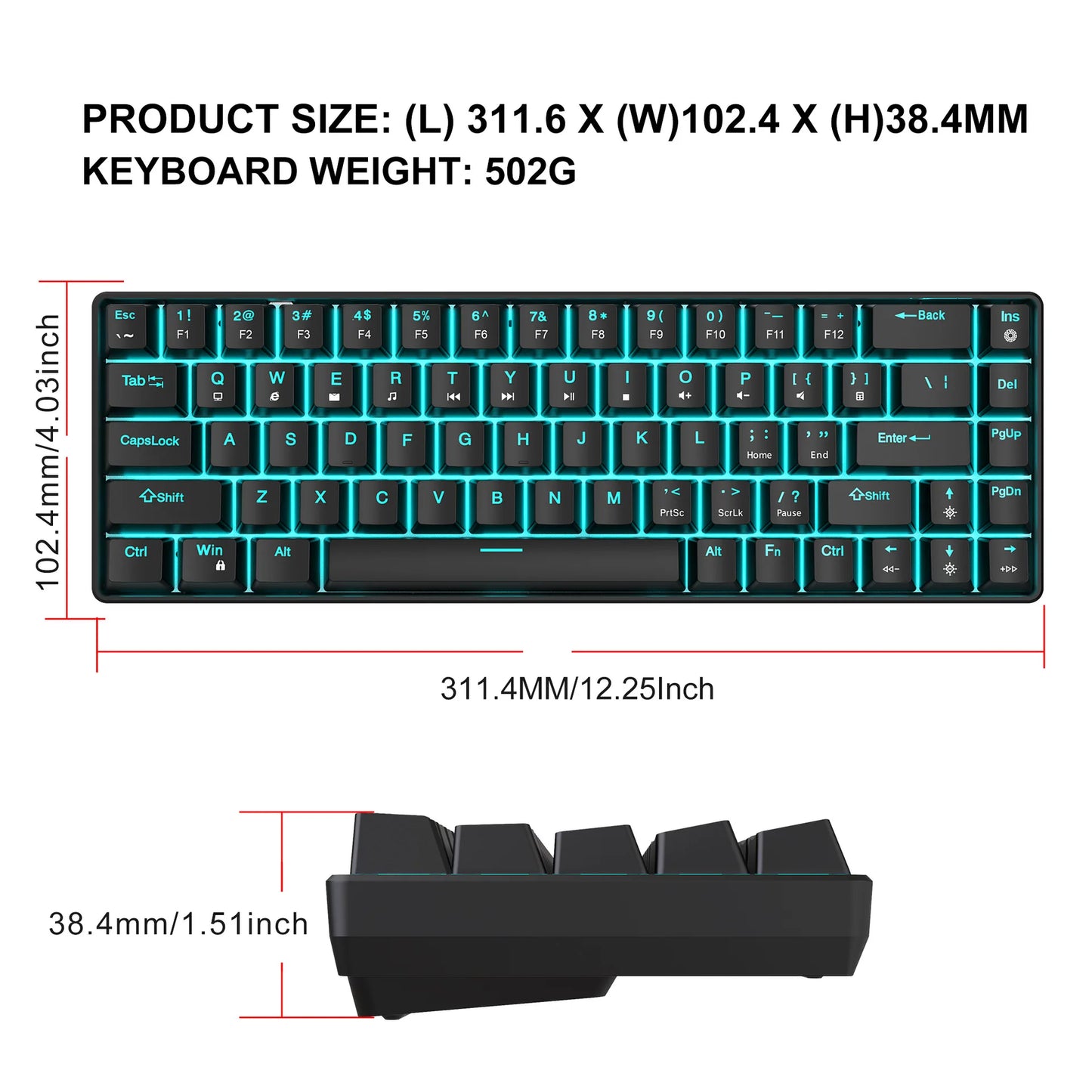 Teclado mecánico gaming 60% USB con teclas blancas, mini teclado gamer ergonómico para ordenador con retroiluminación y música