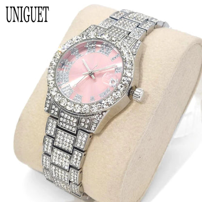Hot Fashion Luxury Brand UNIGUET Womens Watch Elegant Pink Diamond Small Dial BlingBling Quartz Ladies Mini Iced Wristwatch Gift