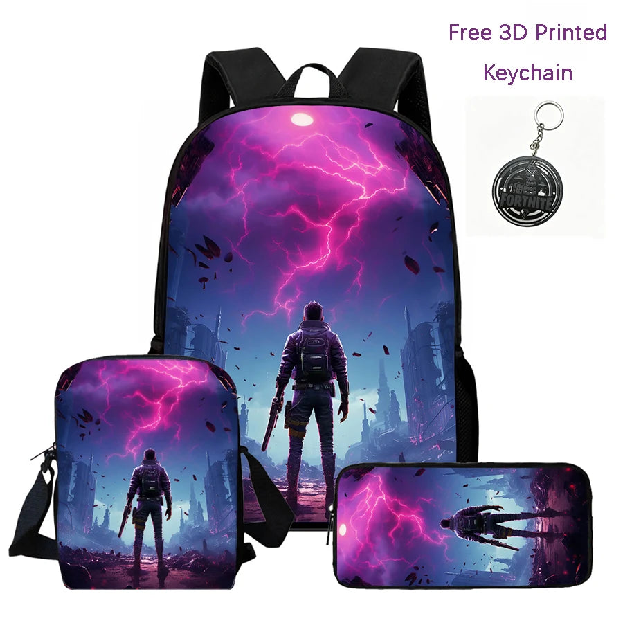 3-teiliges Kinder-Rucksack-Set, Umhängetasche & Federmäppchen, FORTNITE-Cartoon-Tasche, leicht, für Jungen und Mädchen von 6-10, kostenloser 3D-gedruckter Schlüsselanhänger