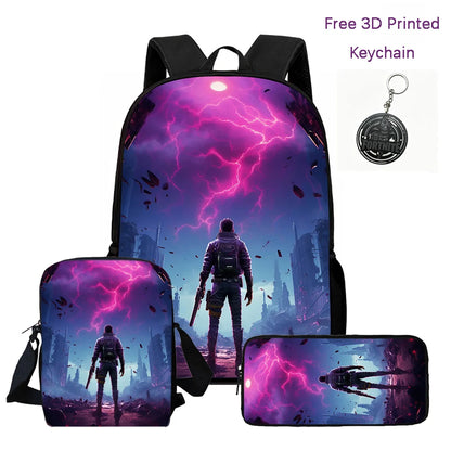3-teiliges Kinder-Rucksack-Set, Umhängetasche & Federmäppchen, FORTNITE-Cartoon-Tasche, leicht, für Jungen und Mädchen von 6-10, kostenloser 3D-gedruckter Schlüsselanhänger