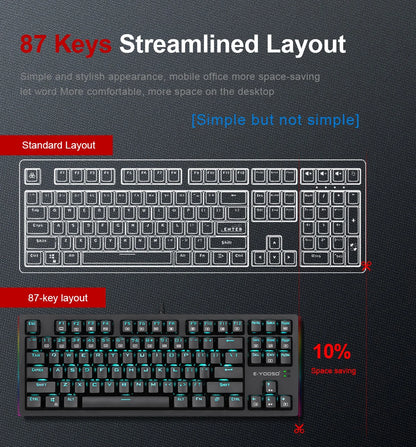 E-YOOSO K620 USB Mechanical Gaming Keyboard Wired Blue Red Switch Monochrome LED Backlit 87 Key for Computer Laptop PC