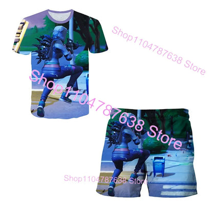 2-teiliges Set F-Fortnited Victory 3D-T-Shirt und Shorts für Kinder, Oberteile für Mädchen und Jungen, Battle-Royale-Kleidung, Harajuku-Tees, Hero-Kinder-T-Shirt