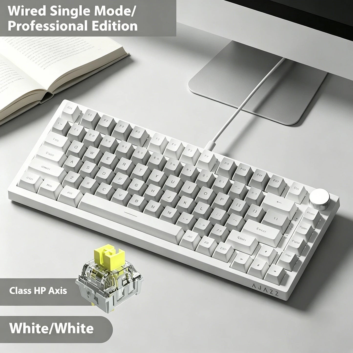 Teclado Mecânico com Fio AJAZZ AK820 75%: Hot-Swappable, Retroiluminação RGB/Branca/Azul-Gelo, Controlo por Botão de Volume | Para Escritório e Gaming