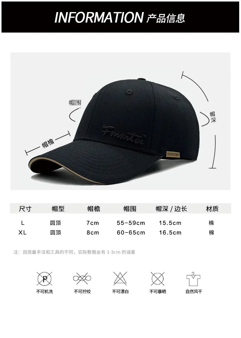 2026 New Men's Big Size Outdoor Sun Protection Baseball Cap, Hard Top Slim Face Fashion Peak Hat Unisex