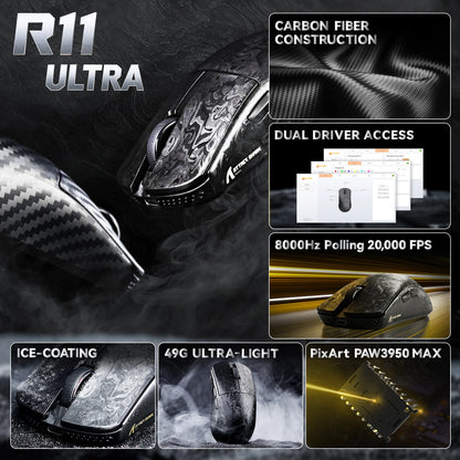 ATTACK SHARK R11 ULTRA Carbon Fiber Wireless Gaming Mouse, 8000Hz, PAW3950MAX, 42000DPI, 49g Lightweight, 20000FPS, Nordic 52840