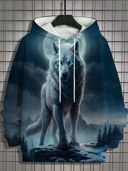 2025 Herren-Herbstmode: bequemes, weiches Kapuzen-Sportshirt mit Wolf-Print für Outdoor, City und Streetwear