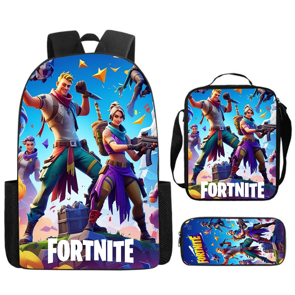 Fortnite Cartoon 3-teiliges Set, großes Fassungsvermögen, geeignet für Jungen und Mädchen von 5-8 Jahren, inklusive Rucksack, Lunchbag und Federmäppchen