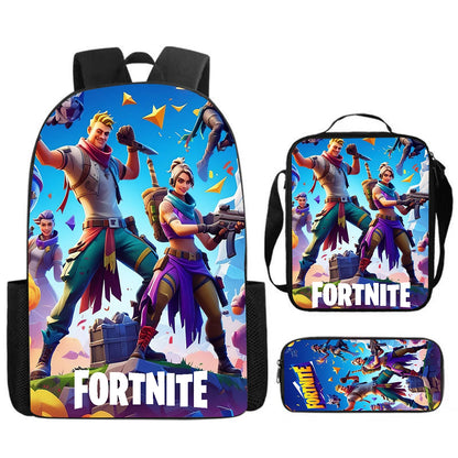 Fortnite Cartoon 3-teiliges Set, großes Fassungsvermögen, geeignet für Jungen und Mädchen von 5-8 Jahren, inklusive Rucksack, Lunchbag und Federmäppchen