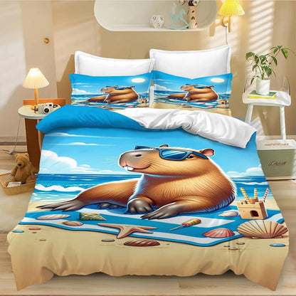 4-teiliges Cartoon-Capybara-Bettwäsche-Set mit Bettbezug und Kissenbezug, Capybara-Bettwäsche für Erwachsene, Jungen und Mädchen, Schlafzimmerdekoration für Kinder, Einzel- und Doppelgröße