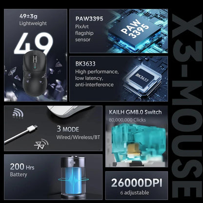 Mouse ATTACK SHARK X3 trimodo 1K Hz, mouse inalámbrico Bluetooth X3Pro 4K Hz ligero, PAW3395, velocidad móvil 650IPS
