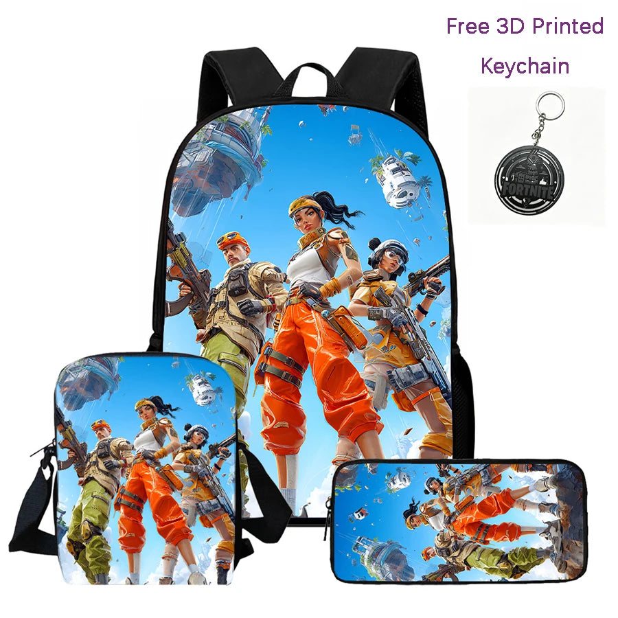 3-teiliges Kinder-Rucksack-Set, Umhängetasche & Federmäppchen, FORTNITE-Cartoon-Tasche, leicht, für Jungen und Mädchen von 6-10, kostenloser 3D-gedruckter Schlüsselanhänger