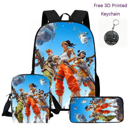 3-teiliges Kinder-Rucksack-Set, Umhängetasche & Federmäppchen, FORTNITE-Cartoon-Tasche, leicht, für Jungen und Mädchen von 6-10, kostenloser 3D-gedruckter Schlüsselanhänger