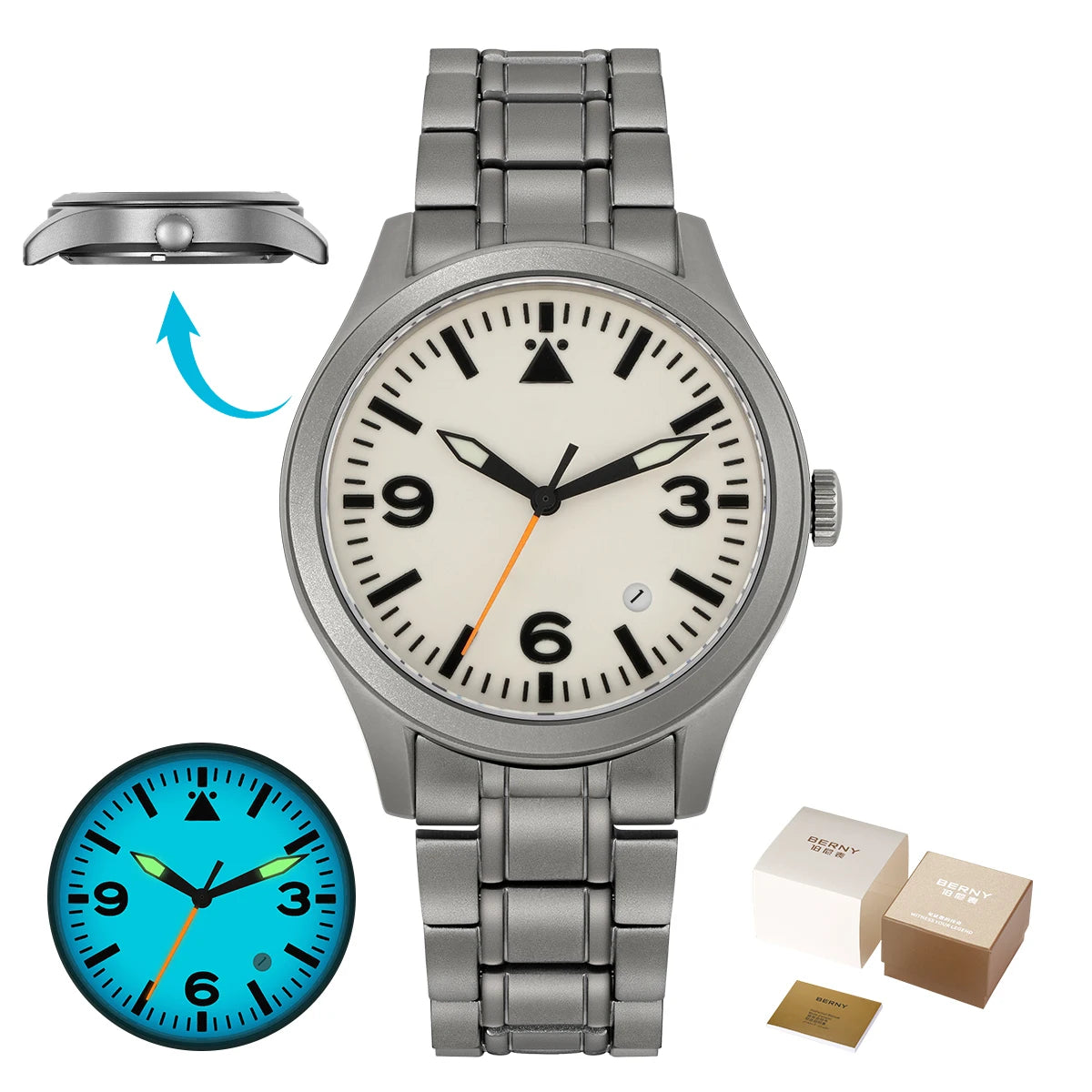 BERNY Aviation Top Titanium Mechanical Men Watch Sapphire AR Coating Supper Luminous 10Bar Sport Watch Titanium Aviation Watches