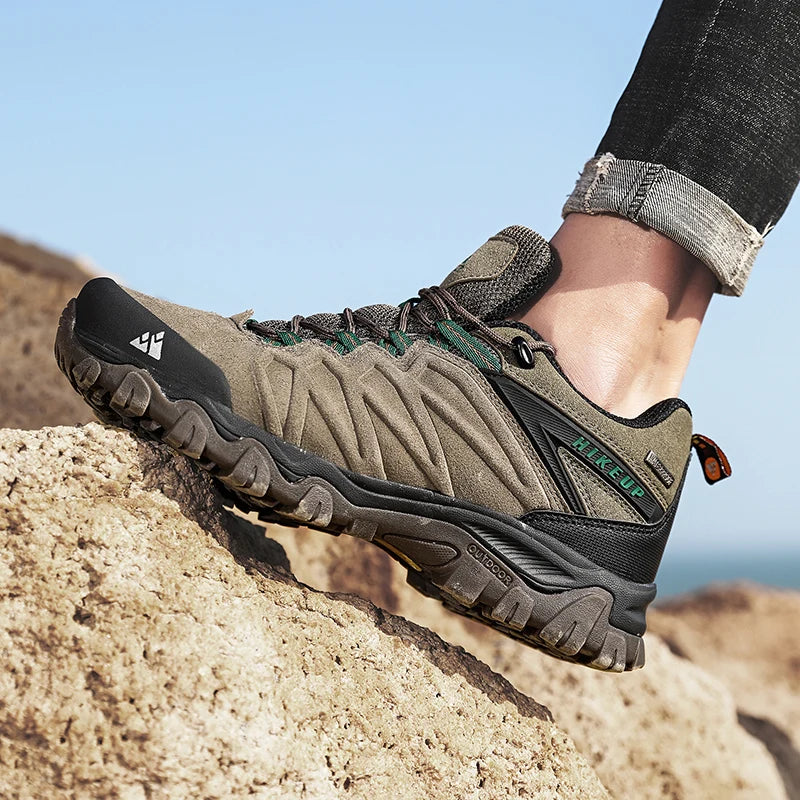 HIKEUP High-Quality Leather Hiking Shoes, Durable Outdoor Sport Men Trekking Leather Shoes, Lace-Up Climbing Hunting Sneakers