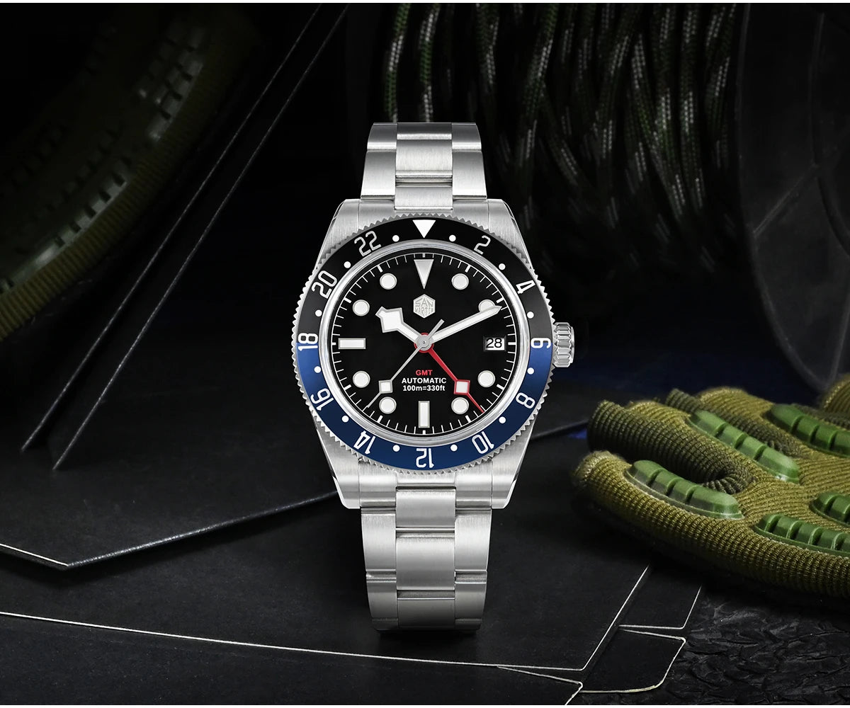 San Martin 39mm NH34 GMT Men Luxury Watch Bidirectional Aluminum Bezel Automatic Mechanical Sapphire 100M Waterproof  SN0109