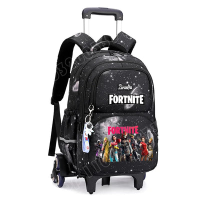 Fortnite-Trolleytasche – leichtes Treppensteigen, Anime-Design, wasserfester Rucksack mit Rollen, großes Fassungsvermögen, Schultasche für Schüler, lässige Reisetasche