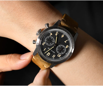 San Martin Vintage Men Quartz Watch Pilot VK64 Chronograph Watches Waterproof Luminous Quick Release Leather Strap SN0127