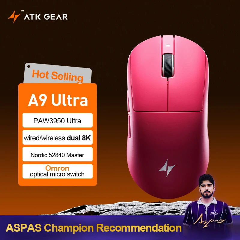 Mouse da gaming wireless ATK Dragonfly A9 Ultimate A9 Air PAW3950 ultraleggero ergonomico e-sport per gamer FPS CSGO A9 Ultra