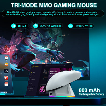 SOLAKAKA SM820 trijų režimų belaidė žaidimų pelė su magnetine įkrovimo stotele, RGB, PAW3311, 24000DPI, belaidė makrokomandų žaidimų pelė, itin lengva