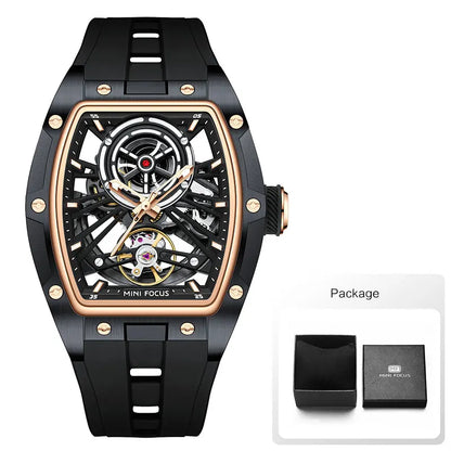 MINI FOCUS Herren-Armbanduhr, modisch, schwarz, wasserdicht, automatische mechanische Uhr mit Leuchtzeigern, Silikonarmband und Tonneau-Zifferblatt