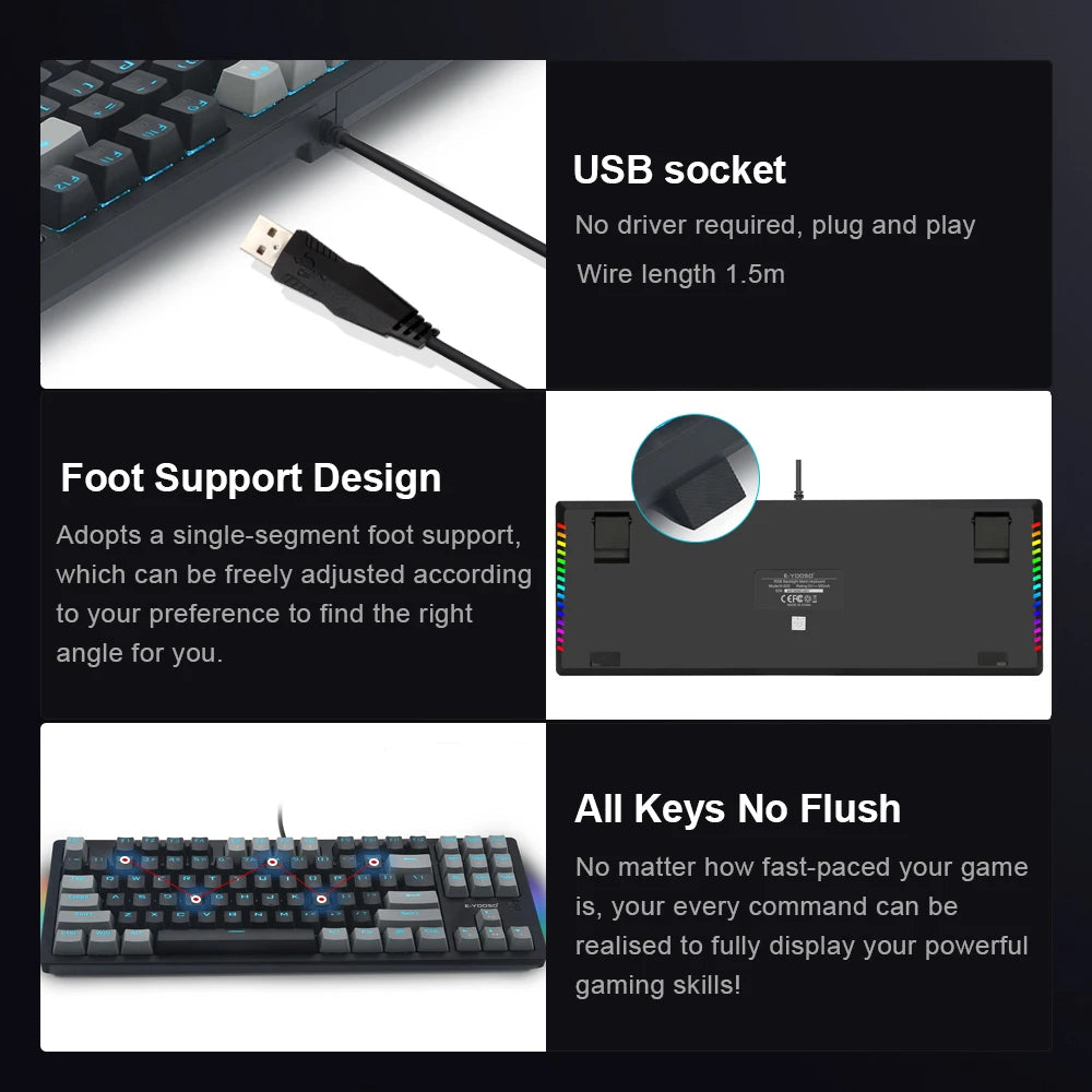 E-YOOSO K620 USB Mechanical Gaming Keyboard Wired Blue Red Switch Monochrome LED Backlit 87 Key for Computer Laptop PC