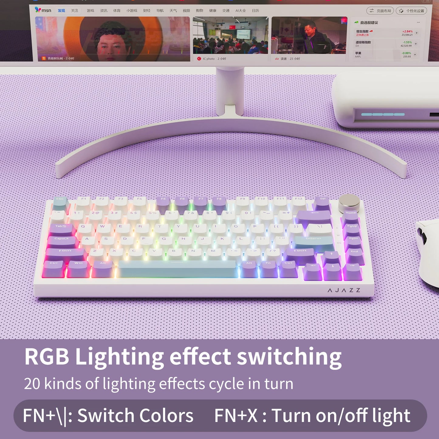 Teclado Mecânico com Fio AJAZZ AK820 75%: Hot-Swappable, Retroiluminação RGB/Branca/Azul-Gelo, Controlo por Botão de Volume | Para Escritório e Gaming