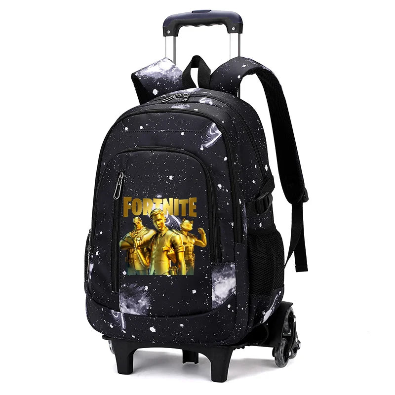 Mochila trolley 2 en 1 Fortnite con estampado de cielo estrellado, gran capacidad, impermeable, compartimento para portátil, diseño para subir escaleras, mochila escolar para estudiantes