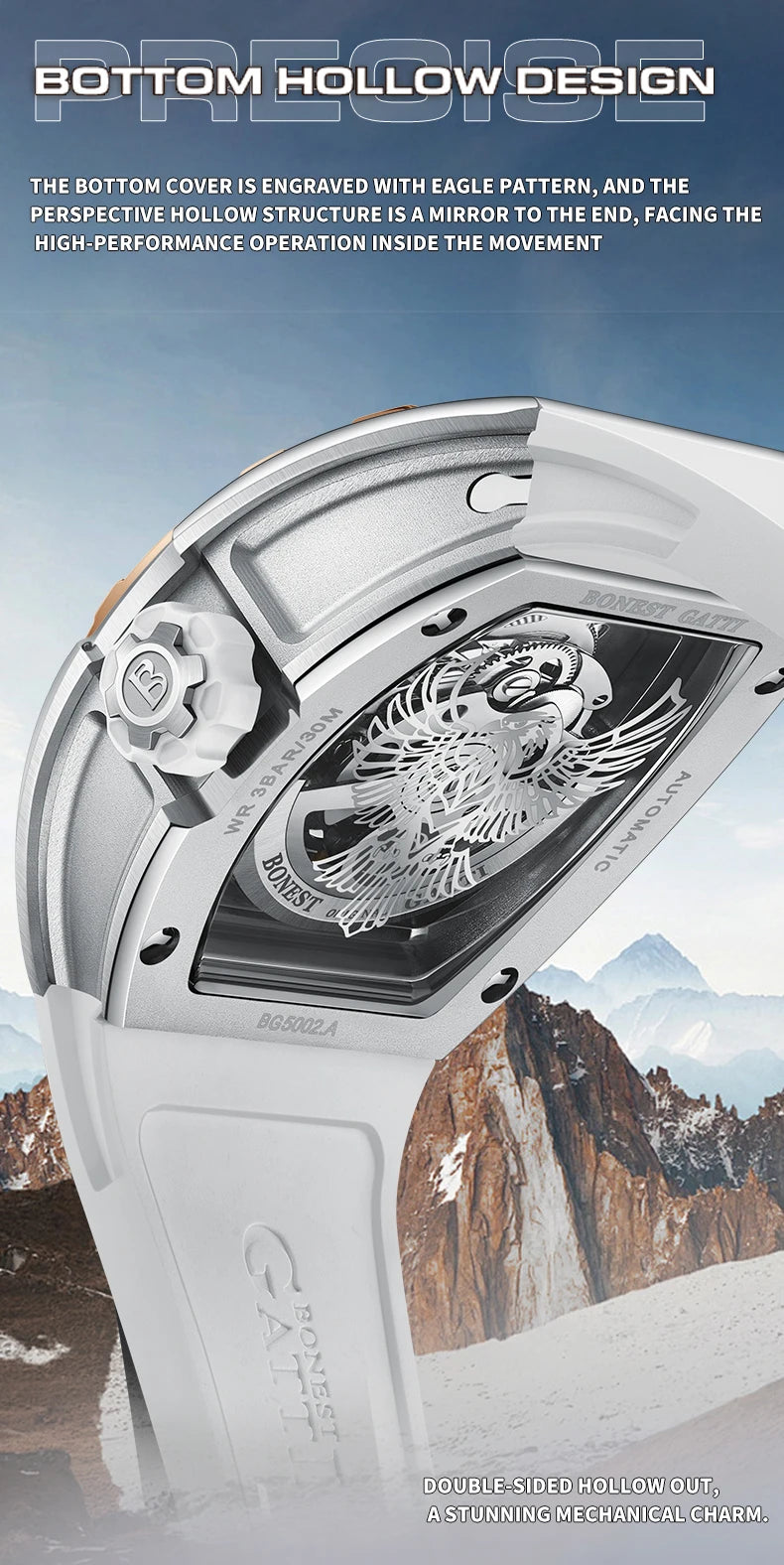 BONEST GATTI Luxury Men's Hollow Automatic Mechanical Watches Tonneau Sapphire Crystal Luminous Hollow Eagle Dial Rubber Straps