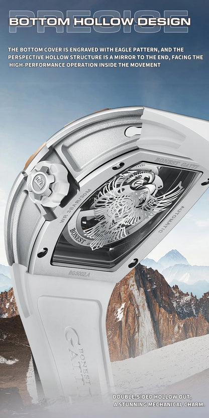 BONEST GATTI Luxury Men's Hollow Automatic Mechanical Watches Tonneau Sapphire Crystal Luminous Hollow Eagle Dial Rubber Straps