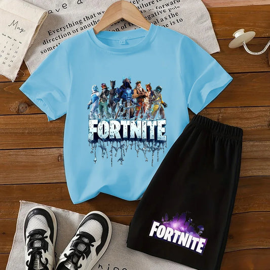 Sommerliches Fortnite-Kinder-Set: T-Shirt und Shorts, 2-teilig, Anime-Design, kurzärmelig, aus Baumwolle, lässige Sportbekleidung, Geschenkidee