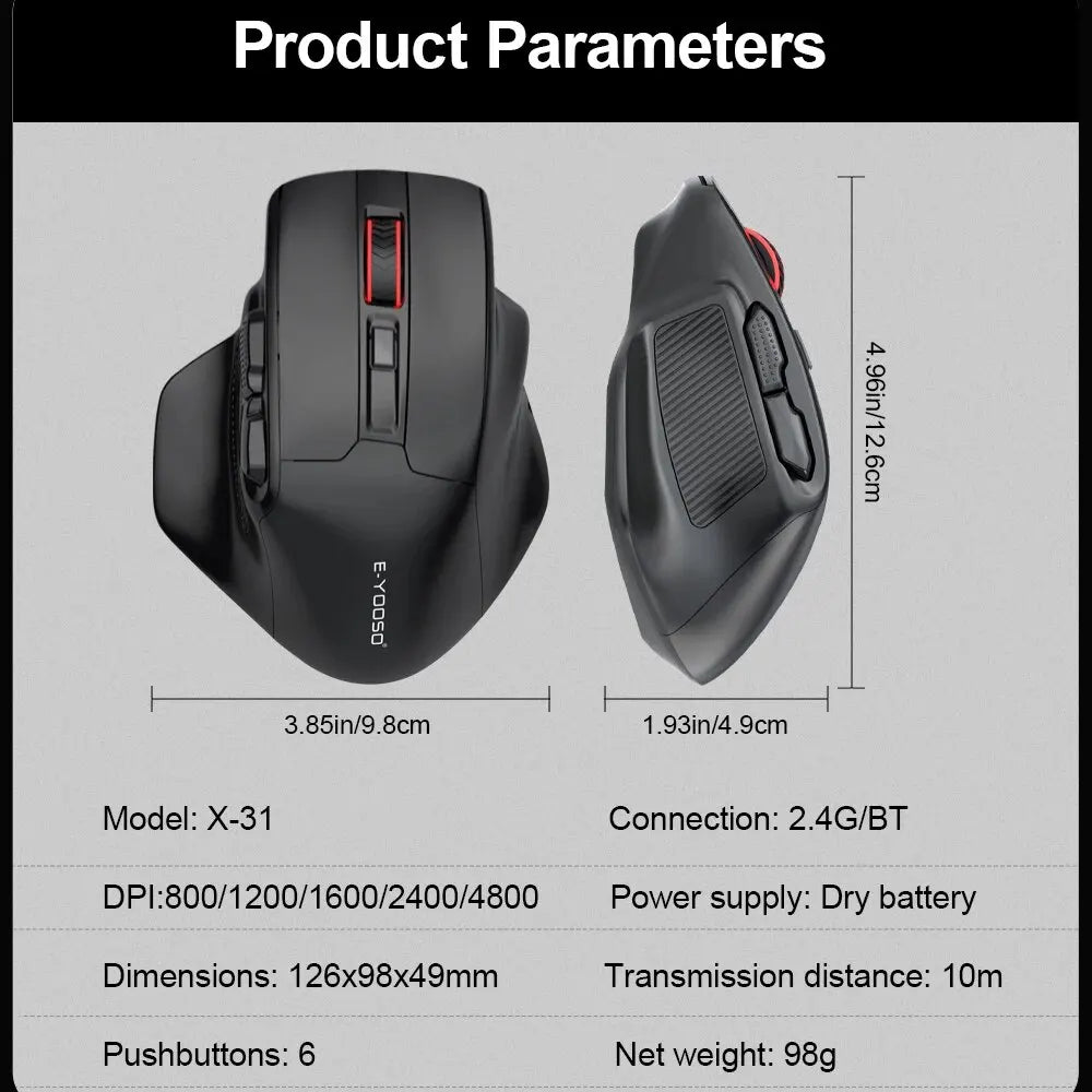 E-YOOSO X-31 Pro USB Gaming Large Mouse, Supports Bluetooth 2.4G Wireless, PAW3212 4800 DPI for Gamer Mice, Computer, Laptop, PC