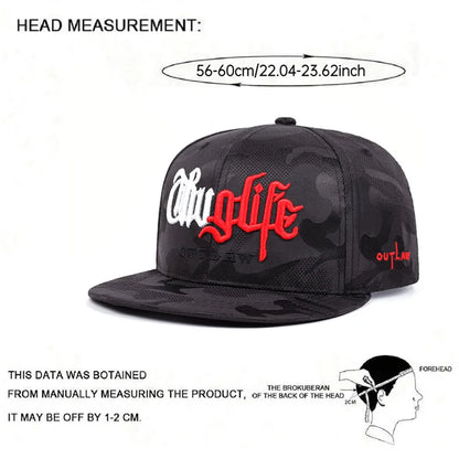 2025 Fashion Personalized New Flat brimmed Hat Riot LIFE Embroidered Street Hip Hop Hat Sunshade Decoration Baseball Hat Unisex