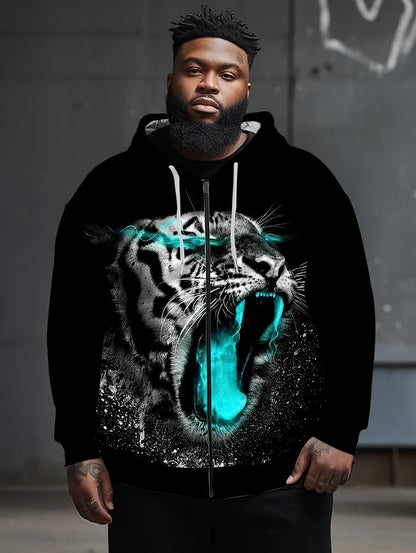 2025 Men's Long Sleeve Zip-up Tiger Graphic Hoodie Casual Outdoor Fashion Coat with Drawstring and Pockets Zip-up Hoodie for Men