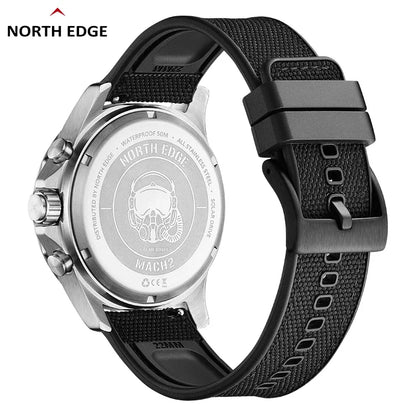 NORTH EDGE  Men's Watches Solar Power 316 stainless steel Case Quartz Watch For Men Pilot Waterproof 50M Stopwatch