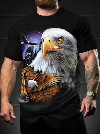 Patriotisches Herren-T-Shirt mit 3D-Adlerprint, lässiger Rundhalsausschnitt, kurzärmeliger Pullover für Sommermode und Outdoor-Aktivitäten, Herrenbekleidung