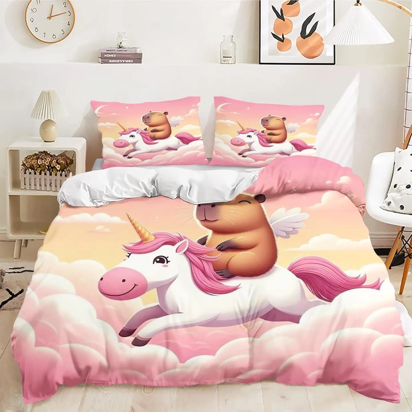 4-teiliges Cartoon-Capybara-Bettwäsche-Set mit Bettbezug und Kissenbezug, Capybara-Bettwäsche für Erwachsene, Jungen und Mädchen, Schlafzimmerdekoration für Kinder, Einzel- und Doppelgröße