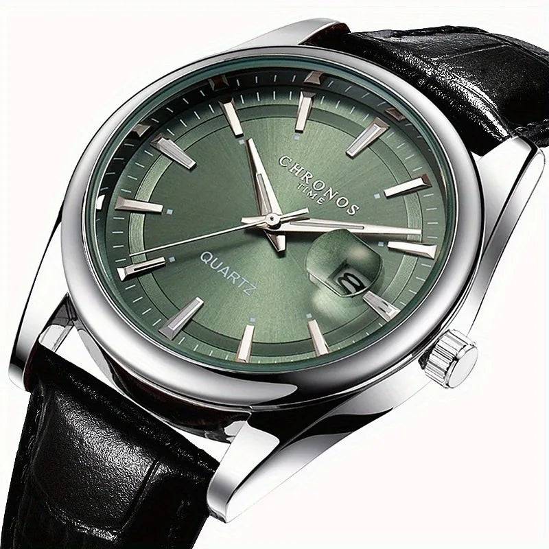 CHRONOS Men Classic Quartz Wrist Watch with Calendar Luminous Dial Leather Strap Casual Business Leisure Outdoor Sports Watches