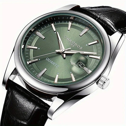CHRONOS Men Classic Quartz Wrist Watch with Calendar Luminous Dial Leather Strap Casual Business Leisure Outdoor Sports Watches