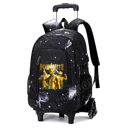 Mochila trolley 2 en 1 Fortnite con estampado de cielo estrellado, gran capacidad, impermeable, compartimento para portátil, diseño para subir escaleras, mochila escolar para estudiantes