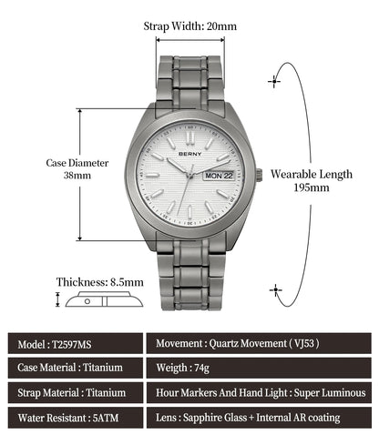 BERNY Full Titanium Men Watch Date Week Quartz Watches Calendar Sapphire Super Luminous 100M Waterproof Lightweight Wristwatch