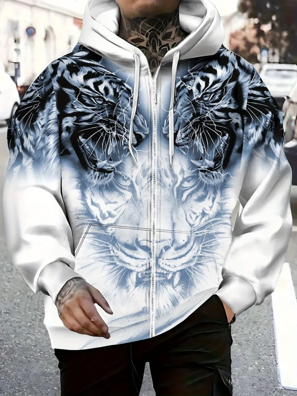 2025 Men's Long Sleeve Zip-up Tiger Graphic Hoodie Casual Outdoor Fashion Coat with Drawstring and Pockets Zip-up Hoodie for Men
