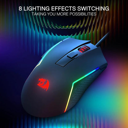 Mouse da gaming cablato Redragon M616 RGB, 10000 DPI, ottico, 6 pulsanti programmabili, 8 modalità retroilluminate, software con supporto per configurazioni personalizzate dei tasti